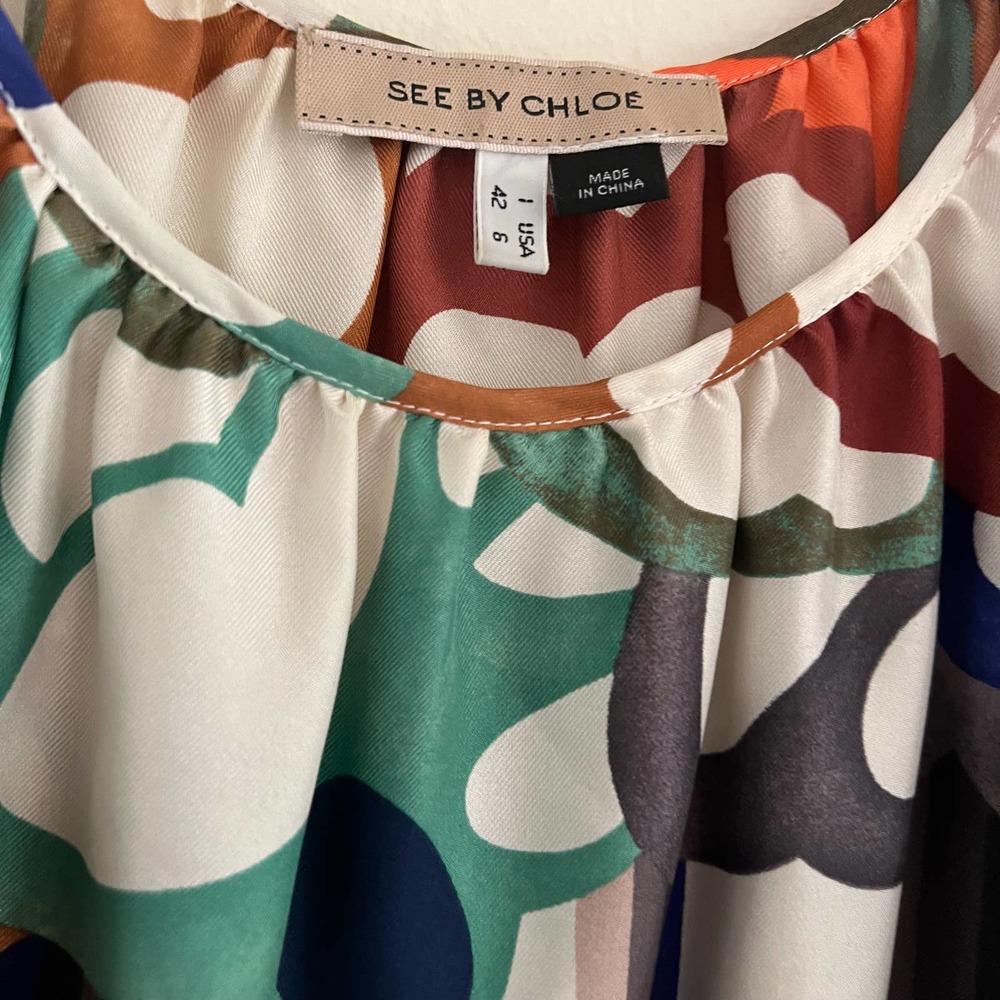 SEE BY CHLOE Twill Silk Patterned Scoop Neck Tunic Blouse Size 6 - Picture 5 of 6